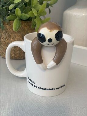 Ceramic Sloth Mug Topper on White Mug - Brown & Black Accent